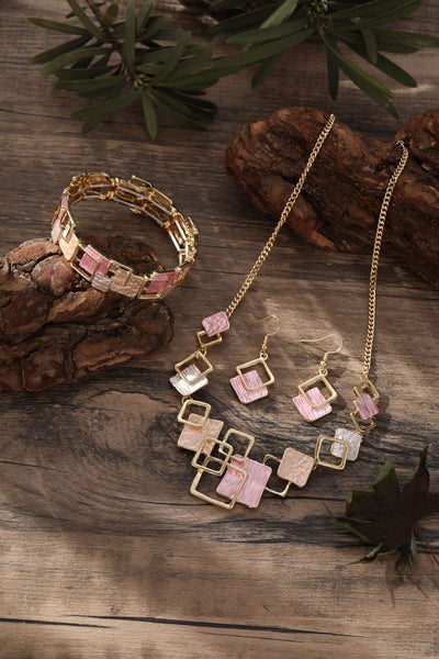 Conjunto de Aretes, Pulsera y Collar con Cuadrados Geométricos Pintados en Óleo - Image 16