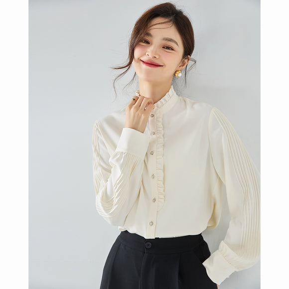 Blusa Elegante de Gasa Francesa con Cuello Volante