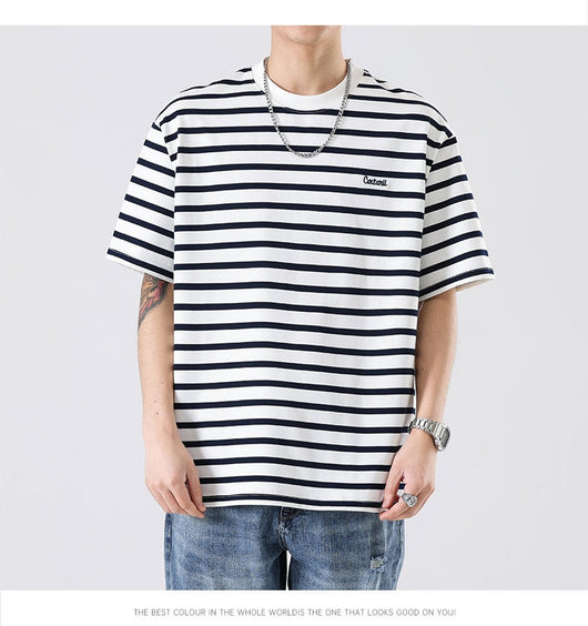Camiseta Rayada Hombre Marca Americana - Corte Relajado Cuello Redondo - Image 16