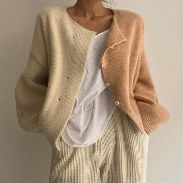 Cardigan Suelto de Cuello Redondo con Combinación de Colores para Mujer