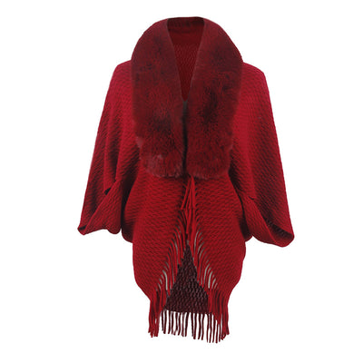 Capa Abrigo Tejida con Cuello de Piel y Borlas para Mujer - Image 3