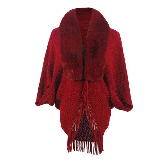 Capa Abrigo Tejida con Cuello de Piel y Borlas para Mujer - Image 3