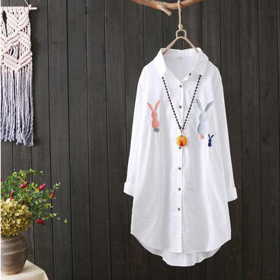 Camisa de Algodón Puro con Bordado Literario para Mujer - Diseño Coreano Holgado de Manga Larga - Image 10
