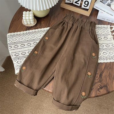 Pantalones Infantiles Cintura Alta con Bordado Floral - Estilo Occidental - Image 7