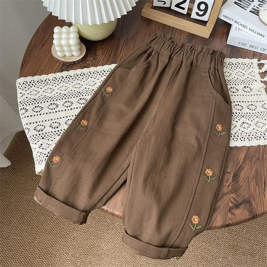 Pantalones Infantiles Cintura Alta con Bordado Floral - Estilo Occidental - Image 7