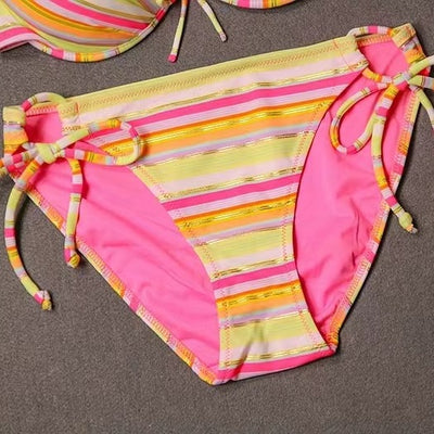 Colorful striped lace-up bikini swimsuit with a ruffled halter top and matching tie-side bottoms. - Image 4