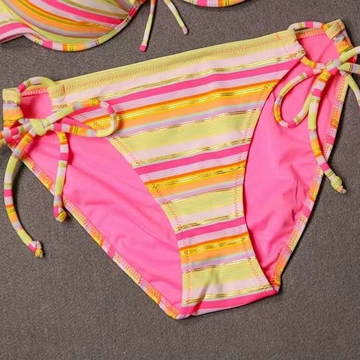 Colorful striped lace-up bikini swimsuit with a ruffled halter top and matching tie-side bottoms. - Image 4