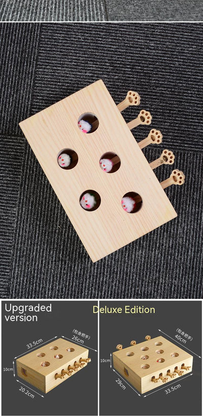 Solid wood whac-a-mole cat toy with 8 holes, featuring small white mouse figures and paw-shaped levers. - Image 7