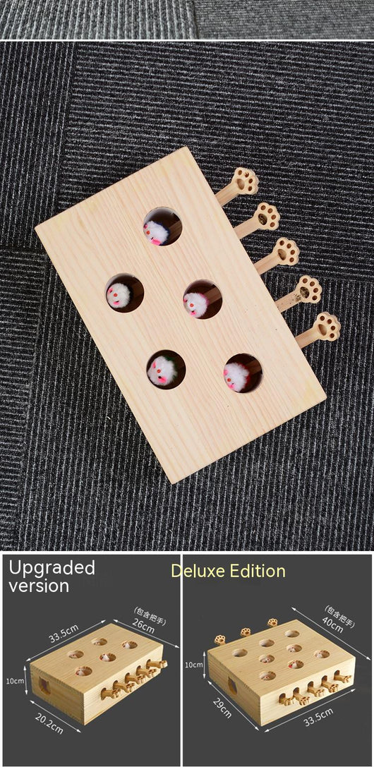 Solid wood whac-a-mole cat toy with 8 holes, featuring small white mouse figures and paw-shaped levers. - Image 7