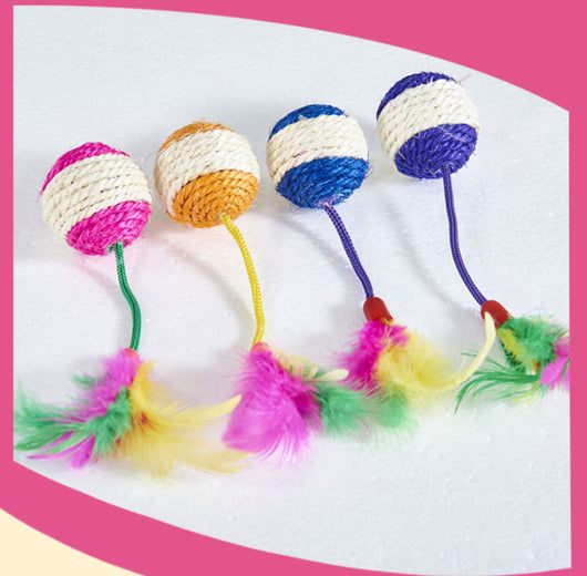 Four sisal ball cat toys with colorful feathers in pink, purple, blue, and teal stripes, for playing and grinding claws. - Image 6
