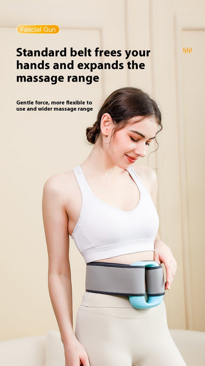 Pink mini fitness massage gun with an LED screen, shown with a power cable and a gray waist belt. - Image 12