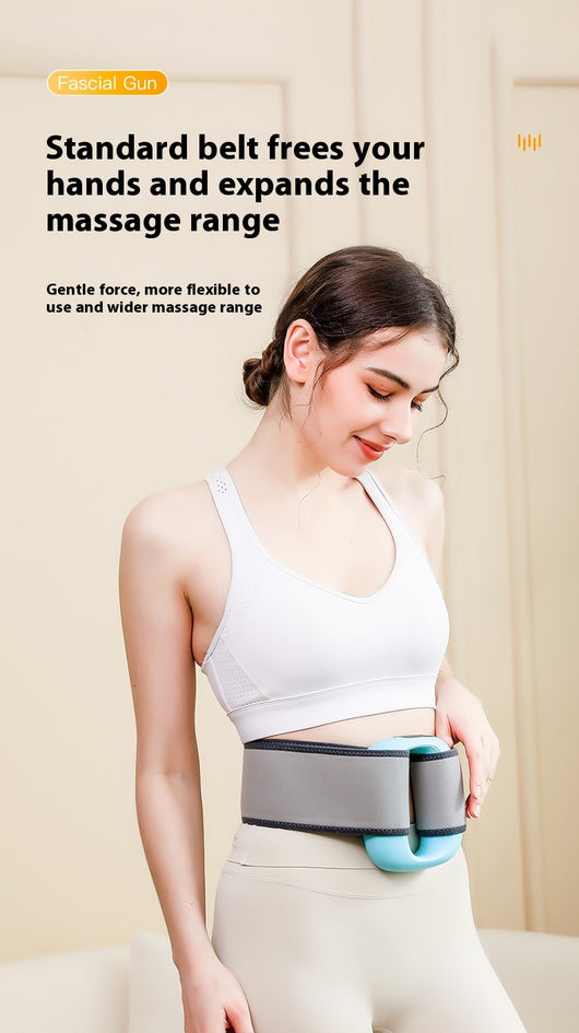 Pink mini fitness massage gun with an LED screen, shown with a power cable and a gray waist belt. - Image 12