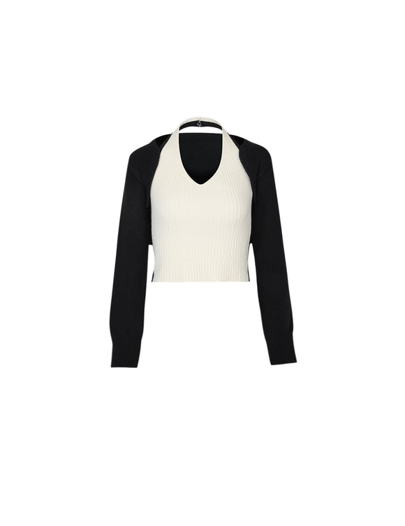 Conjunto de Dos Piezas: Cardigan Corto y Suéter Tejido de Manga Larga