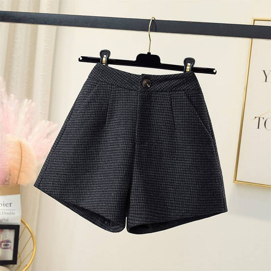 Shorts de Lana Cuadros Cintura Alta Pierna Ancha para Otoño e Invierno - Image 6
