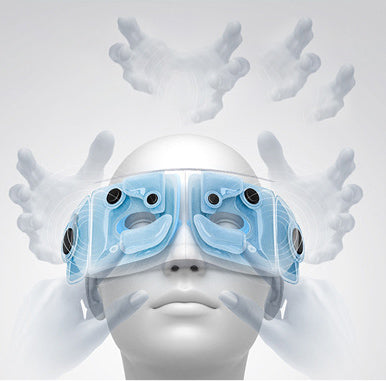 Man wearing a gray full automatic wireless eye massager with a textured geometric pattern on a white background. - Image 10