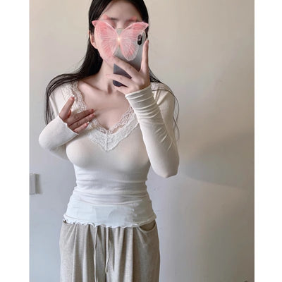Blusa Base Elegante de Encaje con Cuello en V y Manga Larga - Image 4