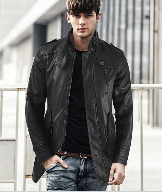 Abrigo de Cuero Largo Tipo Gabardina con Cuello Tipo Polo para Hombre Talla Grande