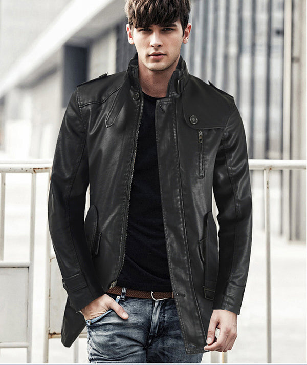 Abrigo de Cuero Largo Tipo Gabardina con Cuello Tipo Polo para Hombre Talla Grande
