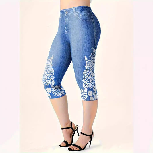Leggings Casuales de Cintura Media con Estampado Vaquero