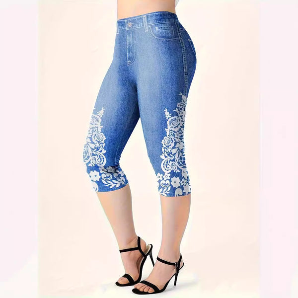 Leggings Casuales de Cintura Media con Estampado Vaquero