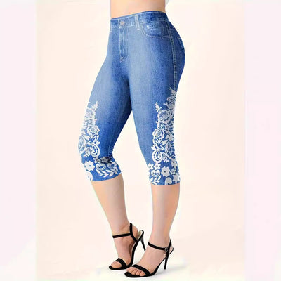 Leggings Casuales de Cintura Media con Estampado Vaquero