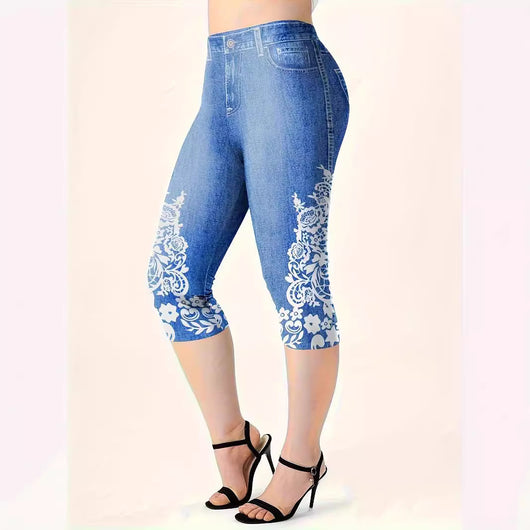 Leggings Casuales de Cintura Media con Estampado Vaquero