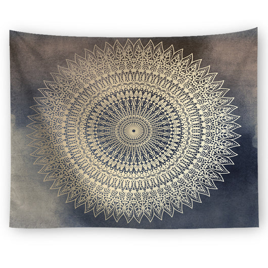 Mandala Floral Beach Towel with an intricate gold mandala pattern on a dark blue and grey watercolor background. - Image 4