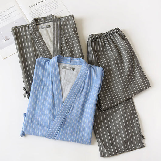 Pijama Doble Capa de Algodón a Rayas con Cordones Estilo Japonés