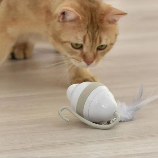 White and grey automatic rolling mouse cat toy with a curved feather teasing stick, showing product dimensions. - Image 3
