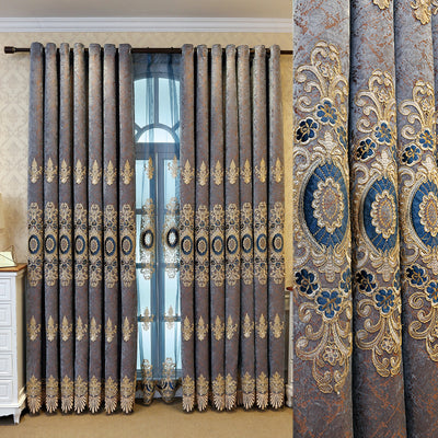 Blue sheer curtain with intricate gold and dark blue embroidery in a European classical style, draped over a window. - Image 3