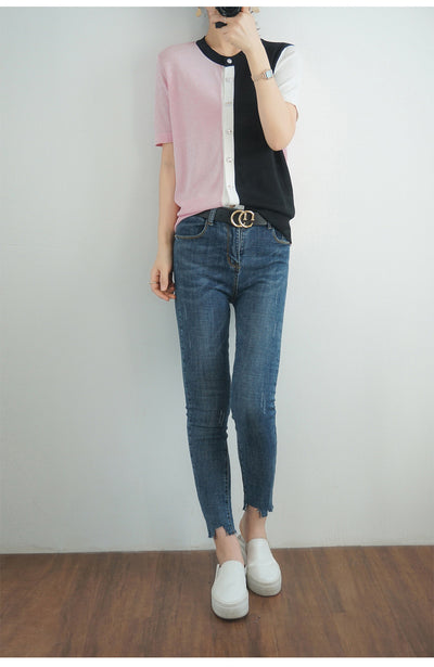 Blusa Fresca de Bloques de Color con Cuello en V - Image 7