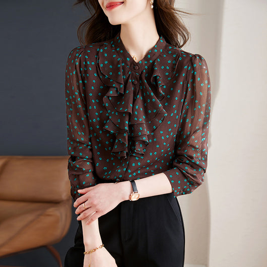 Blusa de Gasa con Cuello de Encaje Floral y Mangas Largas - Image 2