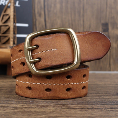 Cinturón de Cuero Premium con Hebilla Brass Retro y Costura Doble Aguja para Hombre - Image 8
