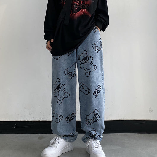 Pantalones Retro Estampado Caricatura Cintura Alta Ancho Cómodo - Image 10