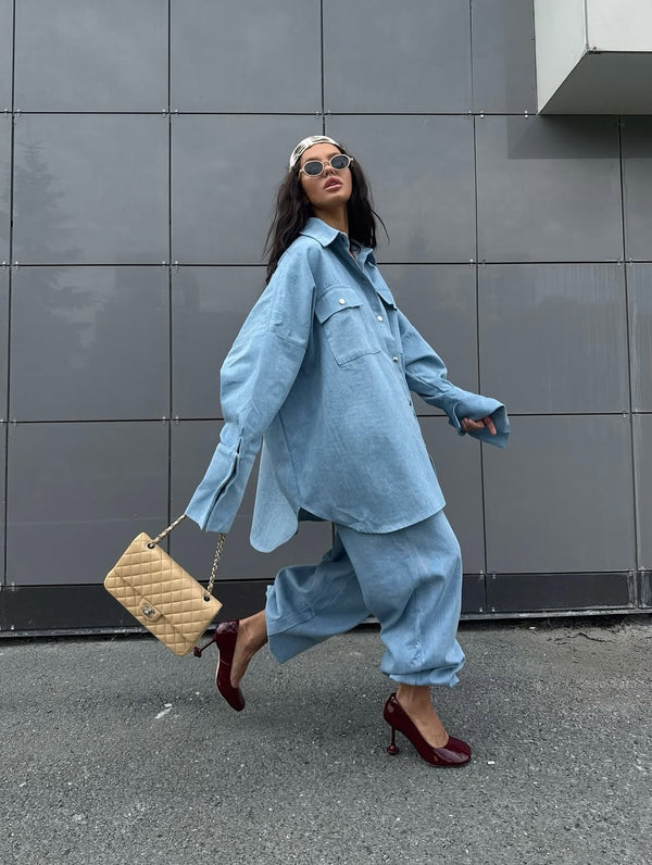 Conjunto Oversized de Camisa Denim Azul Claro y Pantalón Baggy