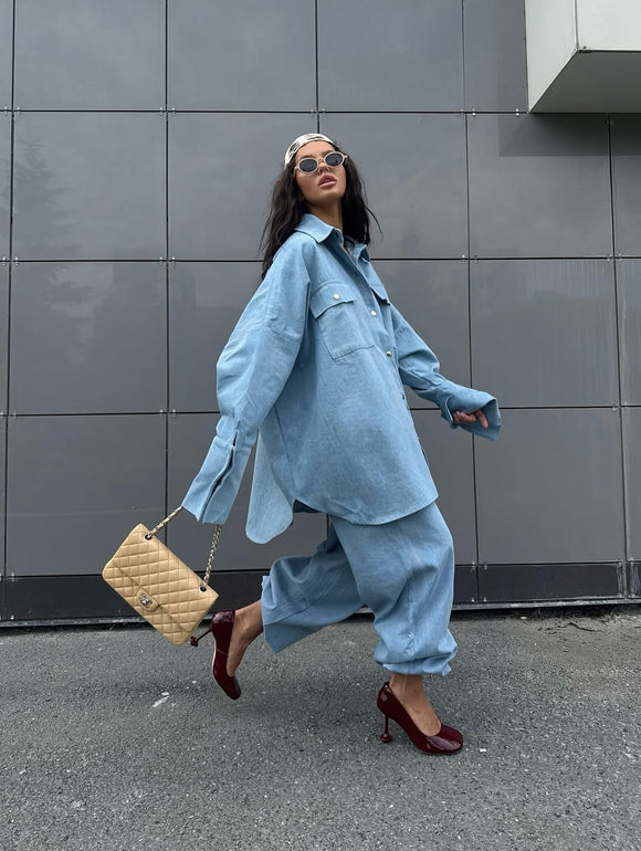 Conjunto Oversized de Camisa Denim Azul Claro y Pantalón Baggy
