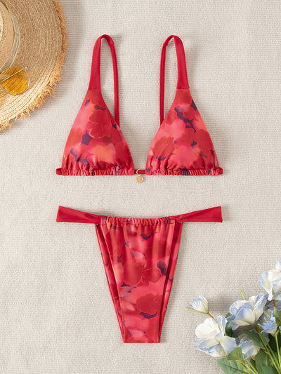 Red floral print triangle cup bikini set with matching bottom, featuring a small gold charm on the top. - Image 18