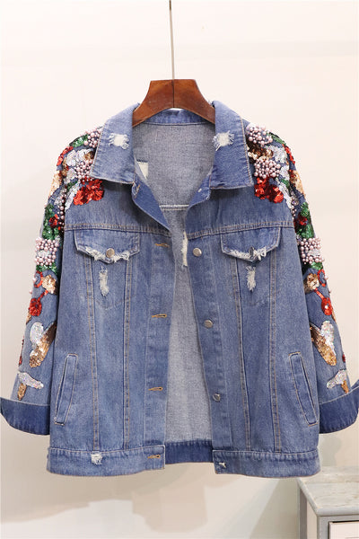 Chaqueta Denim Oversized con Bordados y Lentejuelas Reductora para Mujer - Image 9