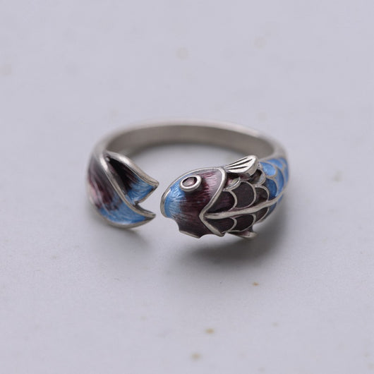 Anillo de Plata S925 Carpa Koi Azul Esmaltado Estilo Retro - Image 3