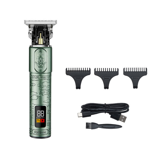 Gold electric hair clippers with an LCD display and engraved design, shown with 1mm, 2mm, 3mm guide combs, USB cable, and cleaning brush. - Image 5