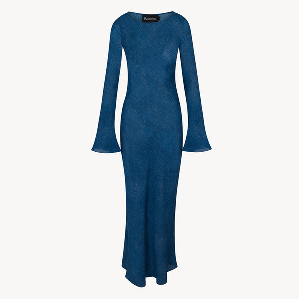 Vestido Largo de Seda Azul con Protección Solar - Estilo Vacacional - Image 5