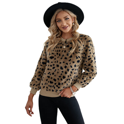 Suéter Esponjoso Estampado Leopardo Cuello Redondo para Mujer - Image 6