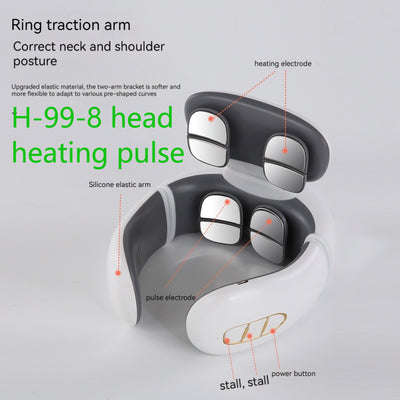 White and gray U-shaped neck massager with six silver electrode pads and control buttons on one arm. - Image 3