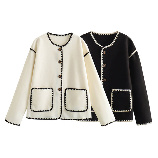 Chaqueta de Lana Elegante con Detalles de Bolsillos y Combinación de Colores Europeo-Americana