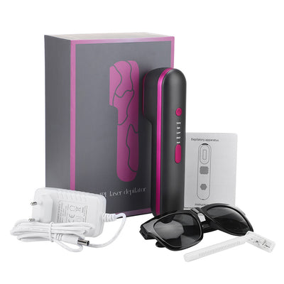 Black and pink IPL laser hair removal device kit with power adapter, safety glasses, razor, and manual. - Image 8