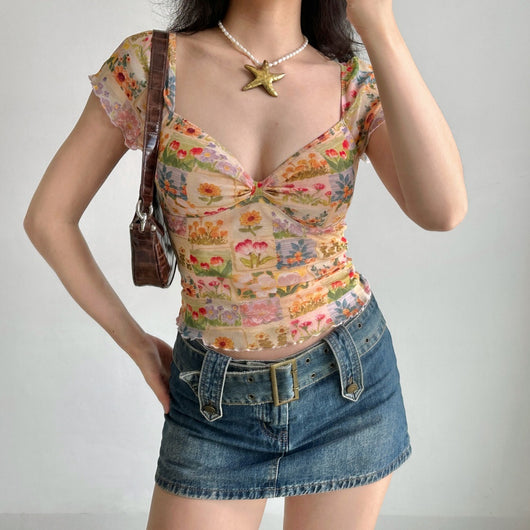 Blusa Estampada con Flores al Óleo, Cuello en V y Manga Corta de Malla para Mujer