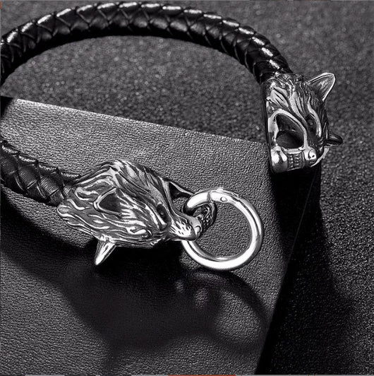 Pulsera de Cuero con Cabeza de Lobo en Acero Titanio para Hombre - Image 12
