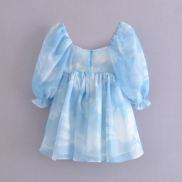 Vestido Azul Cielo con Mangas Abullonadas y Estampado Nube para Mujer