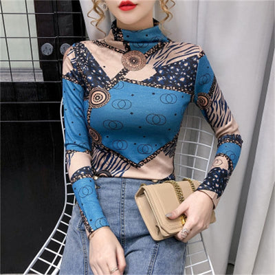 Blusa Estampada Cuello Alto Ajustado para Mujer - Image 3