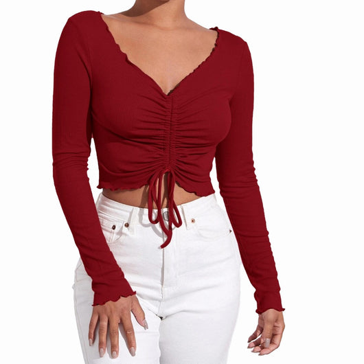 Camiseta Ajustada de Cuello V con Fruncido Lateral - Image 5
